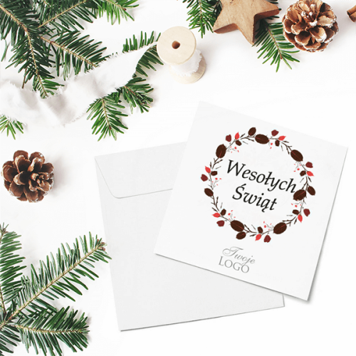 Kartka firmowa na Boże Narodzenie drukowana z delikatnym liściastym wianuszkiem