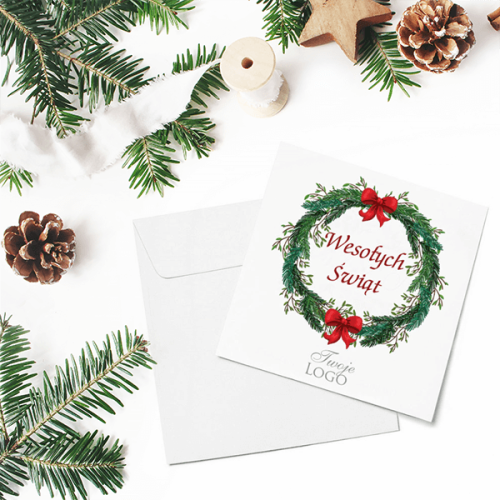 Kartka firmowa na Boże Narodzenie drukowana z grafiką ozdobnego świątecznego wieńca