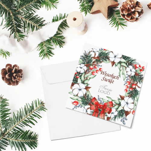 Kartki firmowe na Boże Narodzenie ze świątecznym wiankiem z kokardą - 14,5x14,5 cm