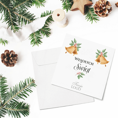 Kartki firmowe na Boże Narodzenie  z grafiką świątecznych dzwoneczków - 14,5x14,5 cm