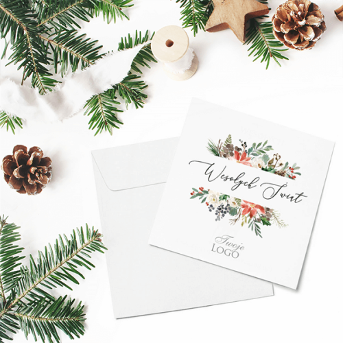 Kartka firmowa na Boże Narodzenie drukowana z delikatnym kwiatowym motywem