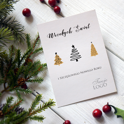 Kartka firmowa bożonarodzeniowa/noworoczna drukowana 12x17 z motywem beżowo-złotych choinek