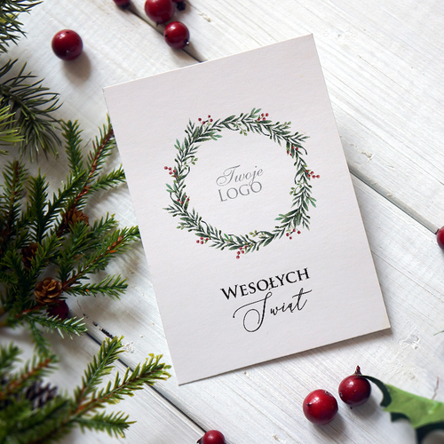 Kartka firmowa na Boże Narodzenie drukowana 12x17 z delikatnym zimowym wianuszkiem
