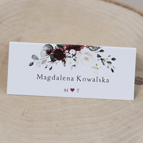 Winietki drukowane na papierze Tintoretto z grafiką bordowych kwiatów i inicjałami pary młodej