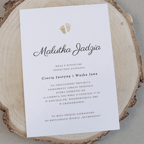 Zaproszenia na Chrzest Święty jednokartkowe ze złotymi stópkami