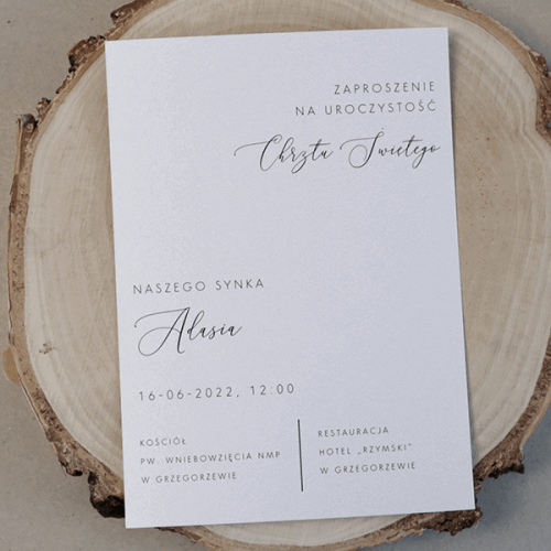 Zaproszenia na Chrzest Święty jednokartkowe minimalistyczne