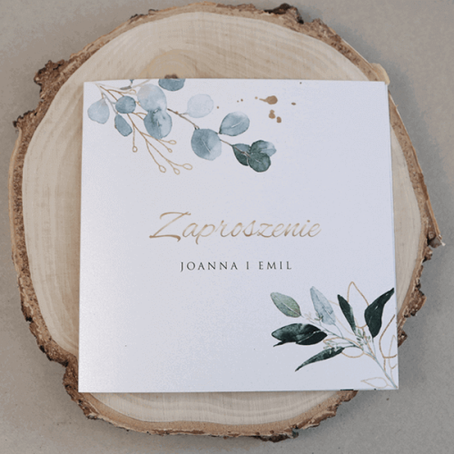 Zaproszenie ślubne drukowane z zielonym motywem botanicznym i złotą czcionką