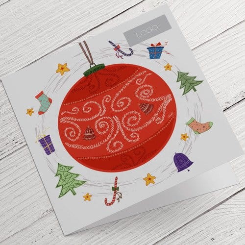 Kartki Firmowe na Boże Narodzenie z czerwoną świąteczną bombką - 14,5x14,5 cm