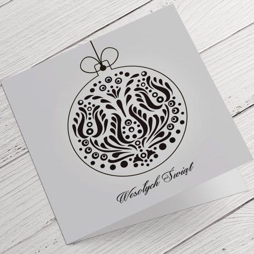 Kartki firmowe na Boże Narodzenie folklorystyczna czarno-biała bombka - 14,5 x 14,5 cm