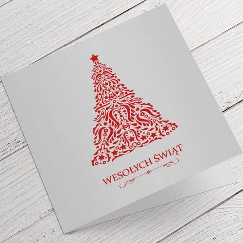 Kartki firmowe na Boże Narodzenie wzór z choinką złożoną z nieregularnych wzorów  - 14,5 x 14,5 cm