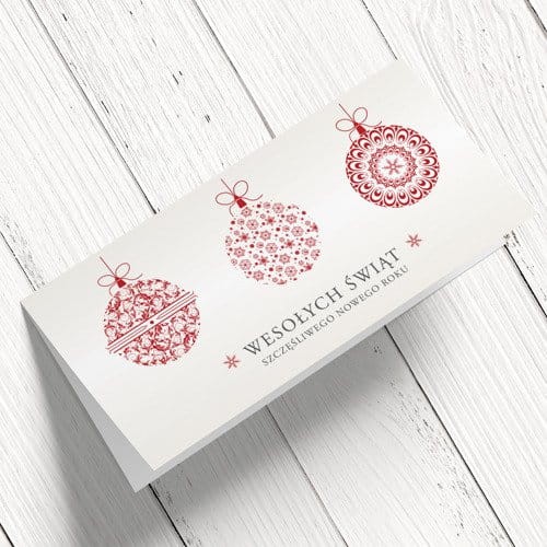 Neutralna kartka firmowa z czerwonymi bombkami - 10x21 cm
