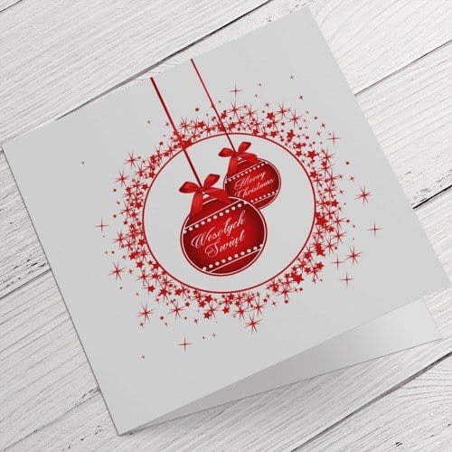 Kartki firmowe na Boże Narodzenie z czerwonymi bombkami - 14,5 x 14,5 cm