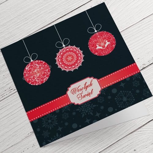 Czarne kartki firmowe na Boże Narodzenie z czerwonymi ozdobami - 14,5 x 14,5 cm