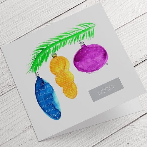 Kartki firmowe na Boże Narodzenie z kolorowymi bombkami - 14,5 x 14,5 cm
