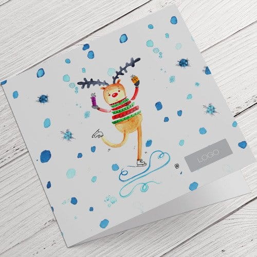 Kartki Firmowe na Boże Narodzenie Renifer na łyżwach  - 14,5 x 14,5 cm