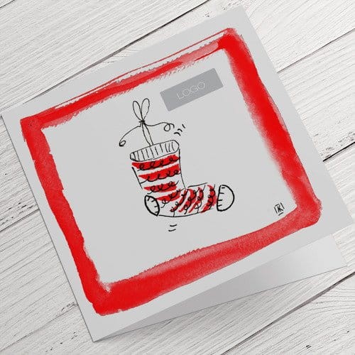 Kartki Firmowe na Boże Narodzenie czerwono-biała świąteczna skarpeta - 14,5 x 14,5 cm