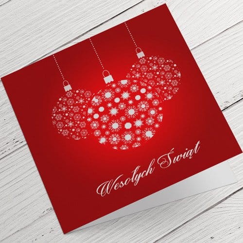 Czerwone kartki firmowe na Boże Narodzenie z białymi bombkami - 14,5 x 14,5 cm