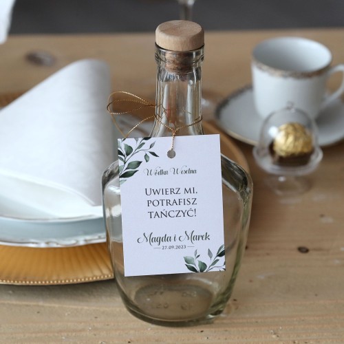 Zestaw 18 zawieszek na alkohol z zielonym motywem liściastym