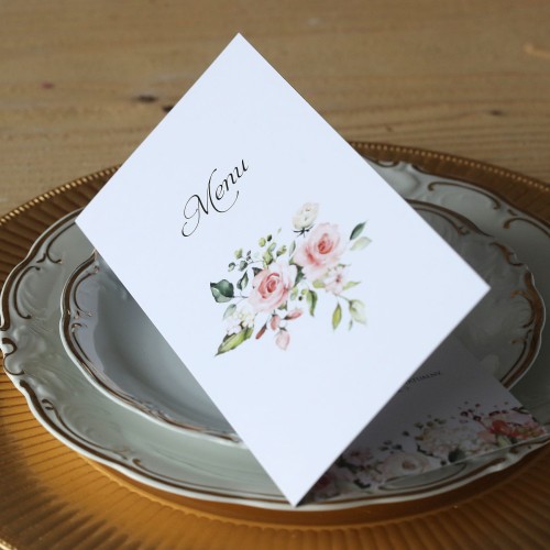 Karta menu na wesele, podłużna, składana do 10x21. Na zdjęciu widoczna okładka