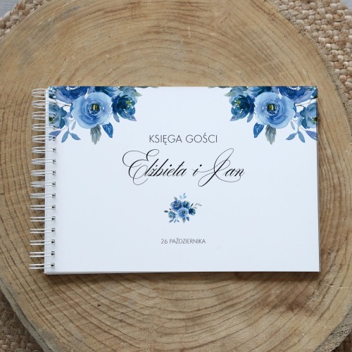 Księga gości klasyczna lub z ankietami - wzór z kwiatami w odcieniach indygo