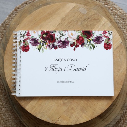  Księga gości klasyczna lub z ankietami - wzór z motywem bordowych kwiatów