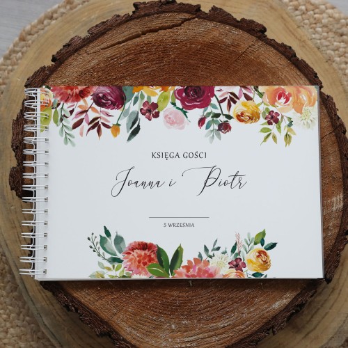 Księga gości klasyczna lub z ankietami - wzór z pomarańczowymi kwiatami boho