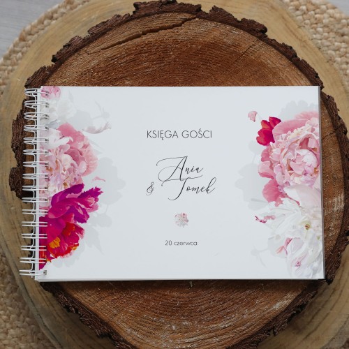Księga gości klasyczna lub z ankietami - wzór z subtelnymi piwoniami