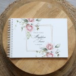 Księga gości klasyczna lub z ankietami - wzór z pastelowymi różami ze złotą ramką