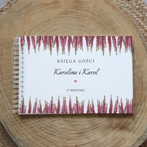 Księga gości klasyczna lub z ankietami - wzór z wrzosem