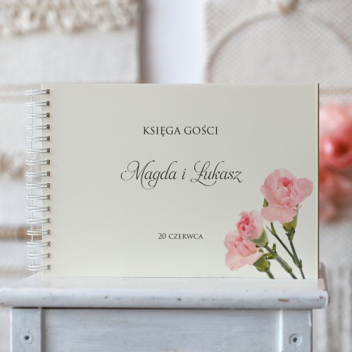 Księga gości klasyczna lub z ankietami - wzór z różowymi goździkami