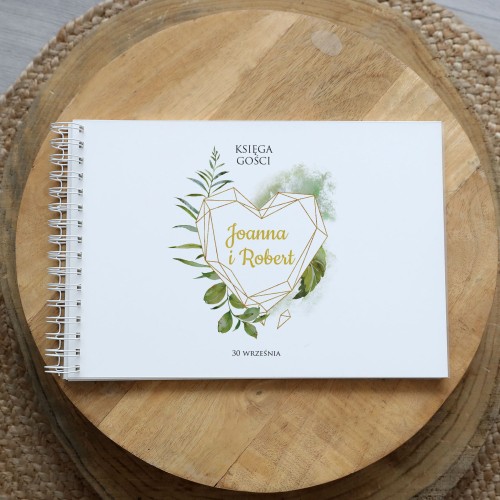 Księga gości klasyczna lub z ankietami - wzór ze złotym sercem i liśćmi