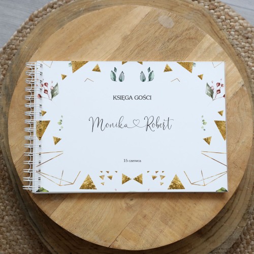Księga gości na przyjęcie weselne z motywem geometrycznych wzorów przeplatanych zielenią