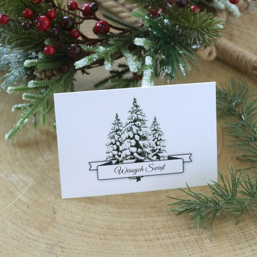 Stonowane kartki firmowe na Boże Narodzenie z zimowymi choinami - 10x15 cm