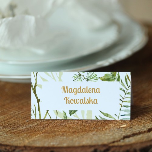 Winietki z zielonymi liśćmi i złotym napisem