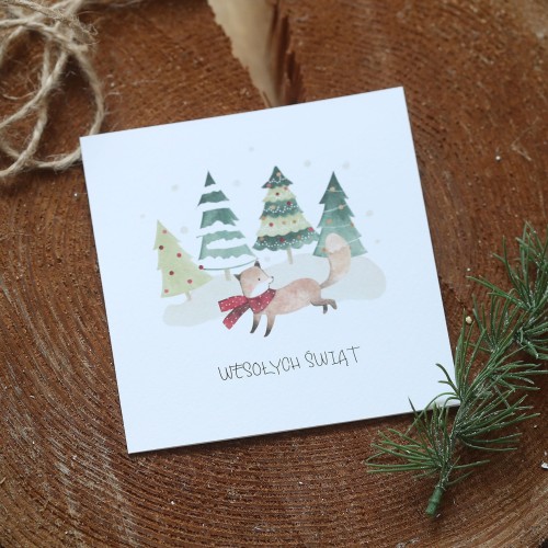 Kartki firmowe na Boże Narodzenie z akwarelowym liskiem - 14,5x14,5 cm