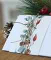 Ozdobna obwoluta z motywem zimowych gałązek owinięta lnianym sznureczkiem zawiązanym w kokardkę
