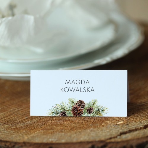 Zimowe winietki weselne z iglastą gałązką